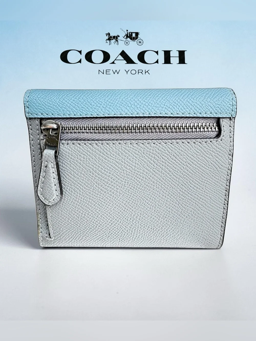 COACH Wyn Small Wallet in Dove Grey and Sky Blue Multi Colorblock.